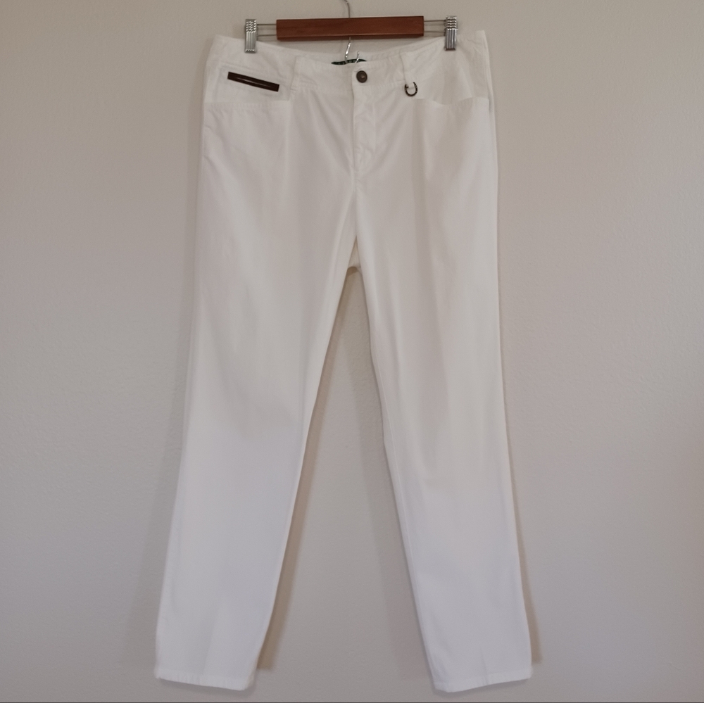 Lauren Ralph Lauren White Straight-Leg Pants with Leather Detail - Size 12 - Picture 2 of 11